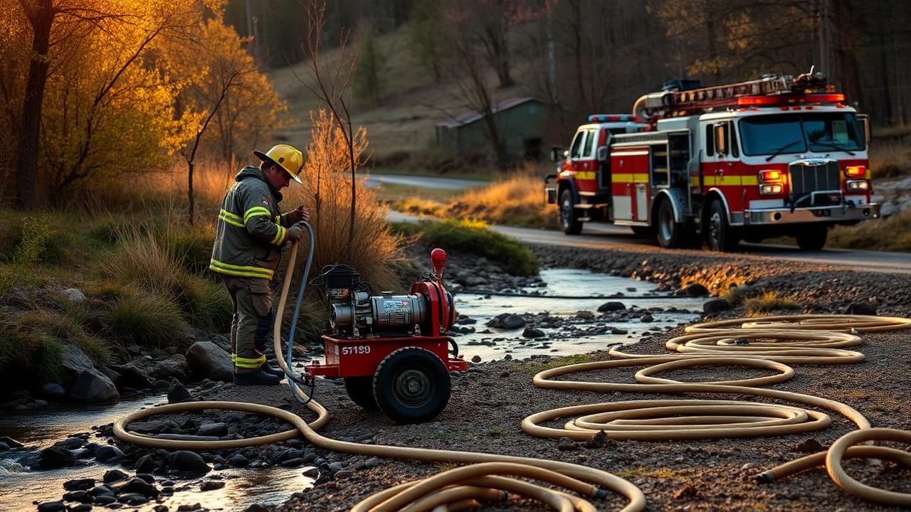 Rural firefighter drafting from a creek with a portable pump at dawn
