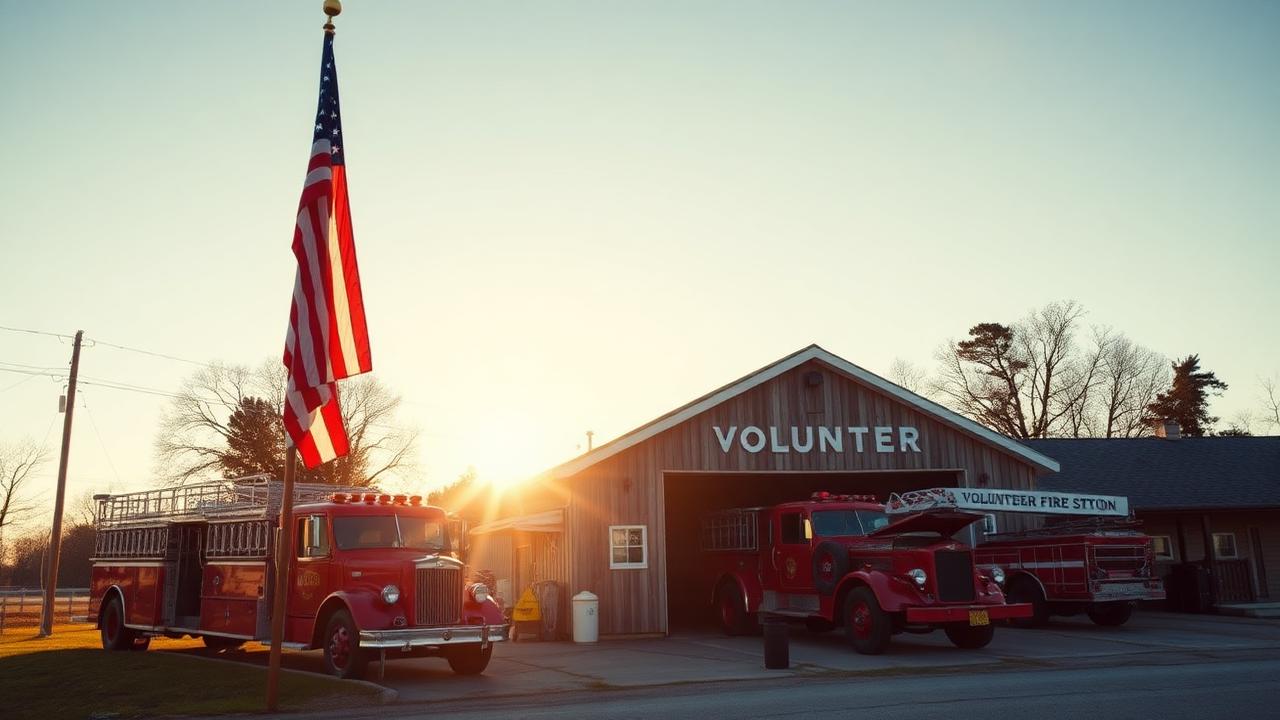 Rural volunteer fire station at golden hour with American flag