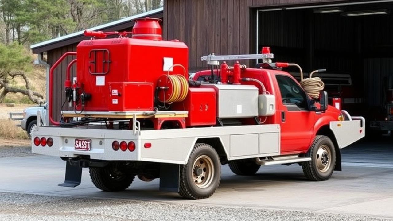 Wildland firefighting skid unit mounted on a red pickup truck