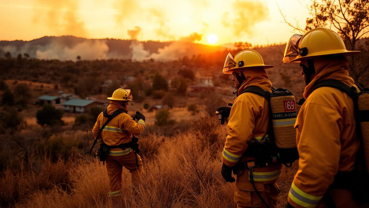 Wildland firefighters observing a wildland-urban interface fire at sunset