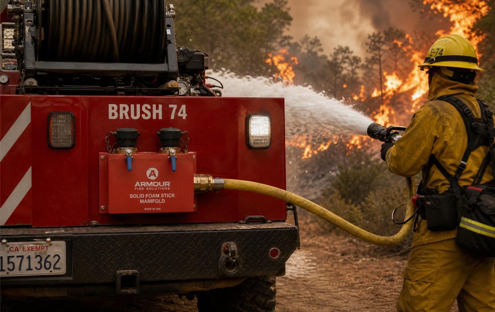 Wildland firefighter spraying Class A foam on a forest fire from a brush truck equipped with the Armour Fire Solutions Solid Foam Stick Manifold